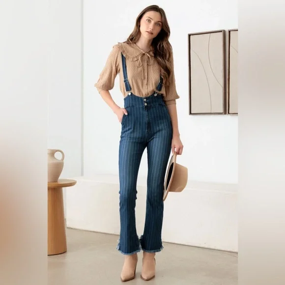 NWT-Striped Pattern Stretched Suspender Denim Jumpsuit - Picture 2 of 7